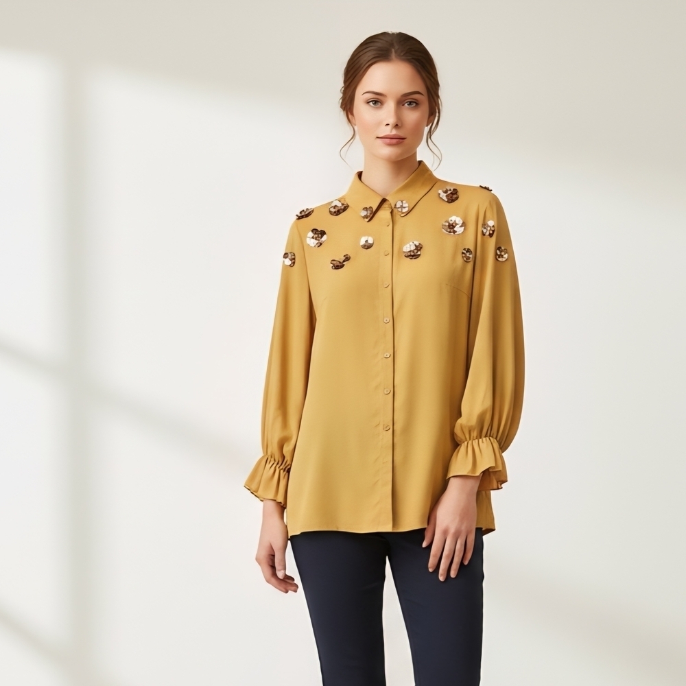 BNWT Zubaidah Sequin Blouse OXL Mustard Floral Puff Sleeve Glam Romance Sparkle